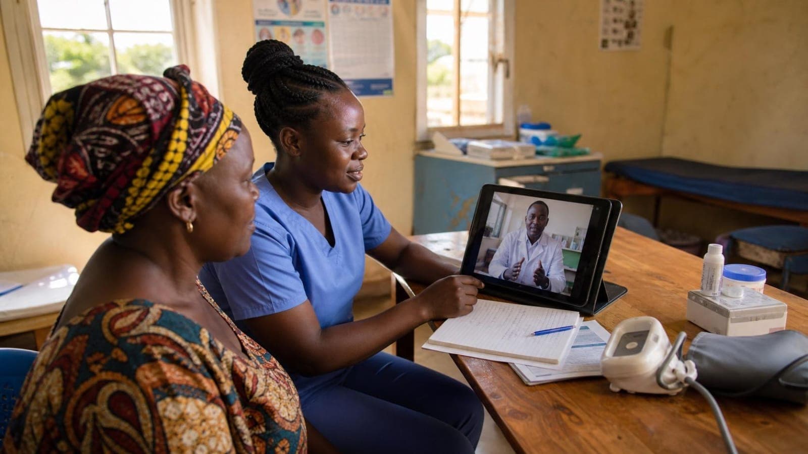 Community health worker facilitating a telemedicine consultation