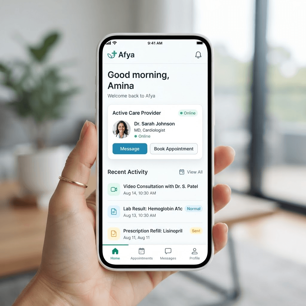 Afya1 patient app on a smartphone